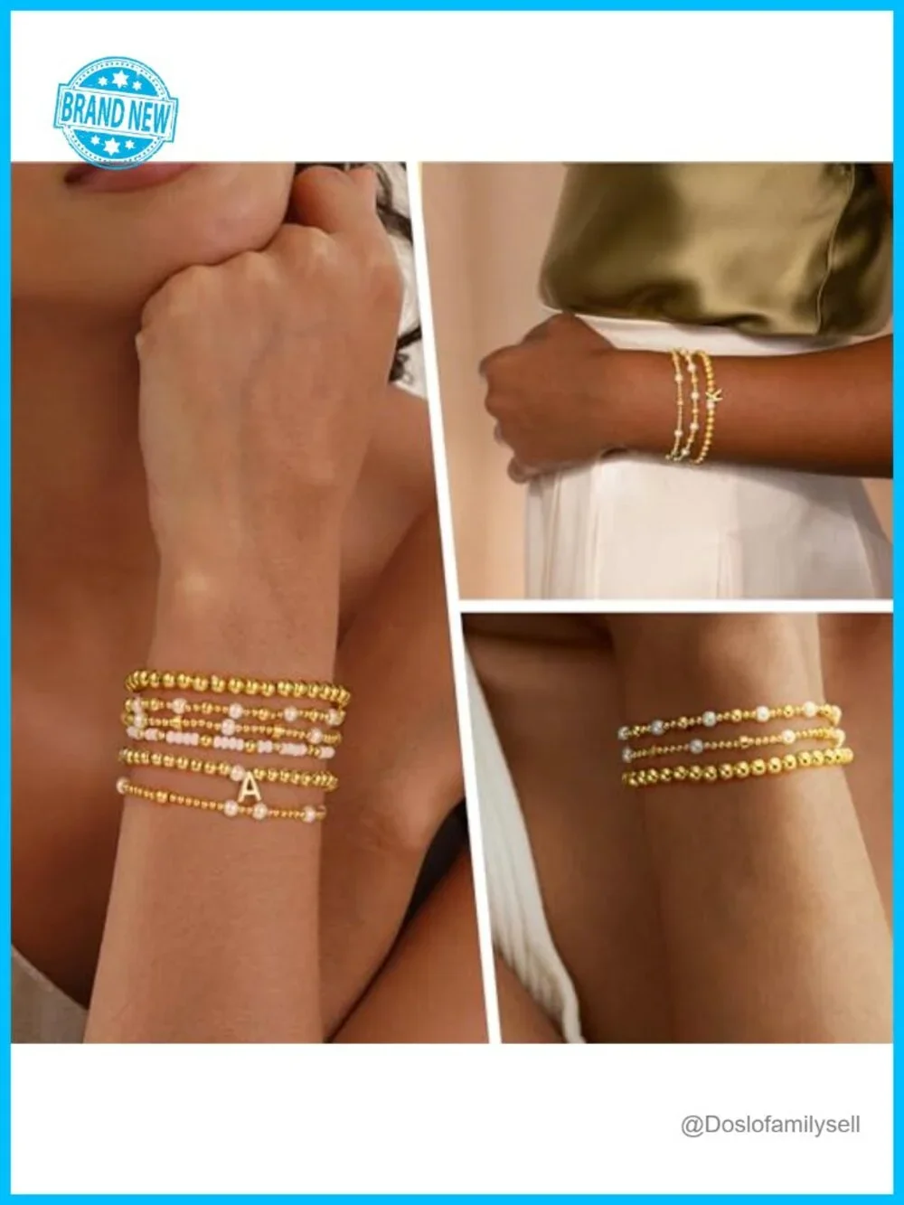 18K Gold Plated Beaded Initial Bracelet Set 6PCS Stackable Stretch Bracelets